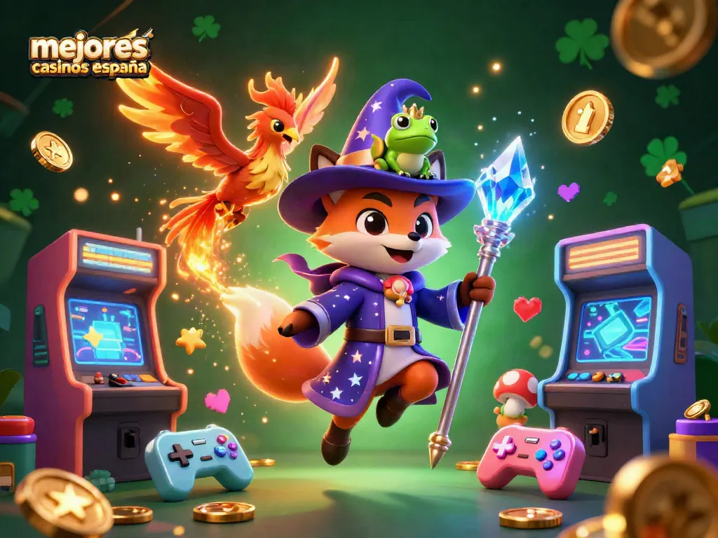 Los mejores casinos España en una ilustración mágica llena de personajes de juego y elementos de casino.