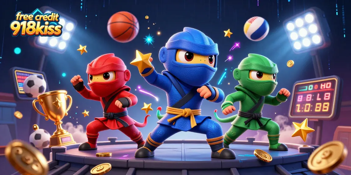 Experience free credit 918kiss as chameleon ninjas showcase martial arts amidst flying sports balls and dynamic casino elements.