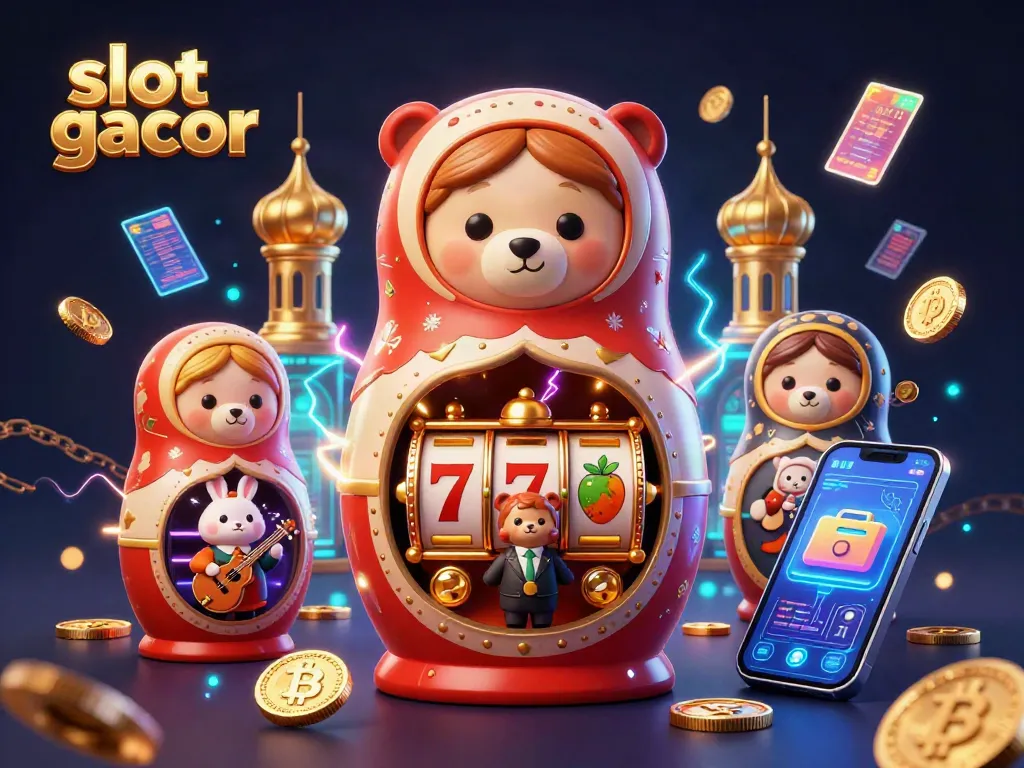 Slot gacor menarik perhatian dengan ilustrasi kasino yang kaya dan berwarna-warni, menggambarkan tindakan pemainan.