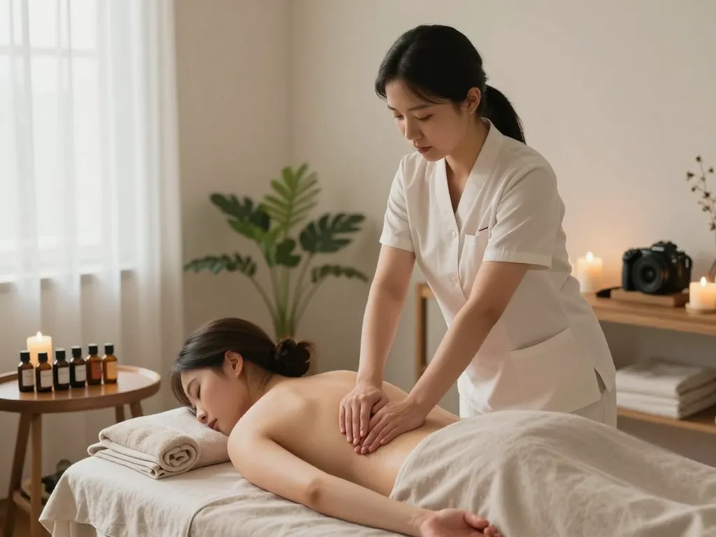 편안한 분위기와 필수 오일이 어우러진 동대문스웨디시 마사지 치료를 보여주는 편안한 스파 장면.