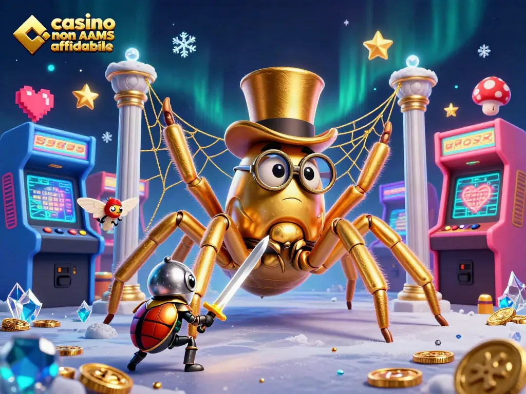 Gioca ai casino non AAMS affidabile con un'illustrazione vivace di un ragno dorato e un cavaliere scarabeo tra macchine da gioco.