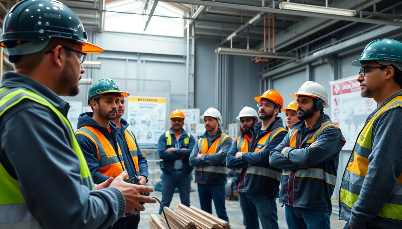 Workers engaged in construction safety training with equipment, enhancing awareness.