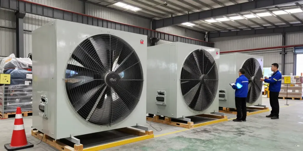 Quạt công nghiệp hoạt động trong không gian nhà kho, nhân viên đang kiểm tra và giám sát hệ thống thông gió