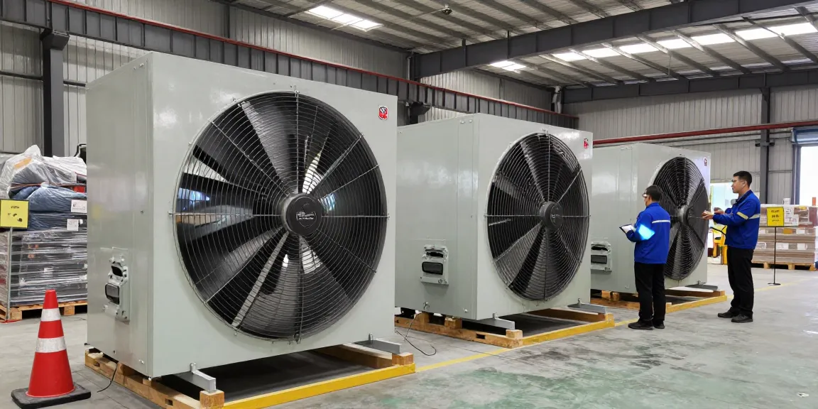 Quạt công nghiệp hoạt động trong không gian nhà kho, nhân viên đang kiểm tra và giám sát hệ thống thông gió