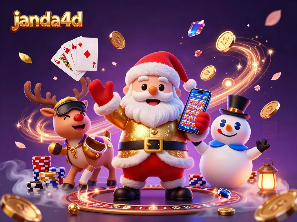 Janda4d menghadirkan nuansa bermain kasino dengan Santa Claus dan karakter kartun lainnya dalam ilustrasi penuh warna.
