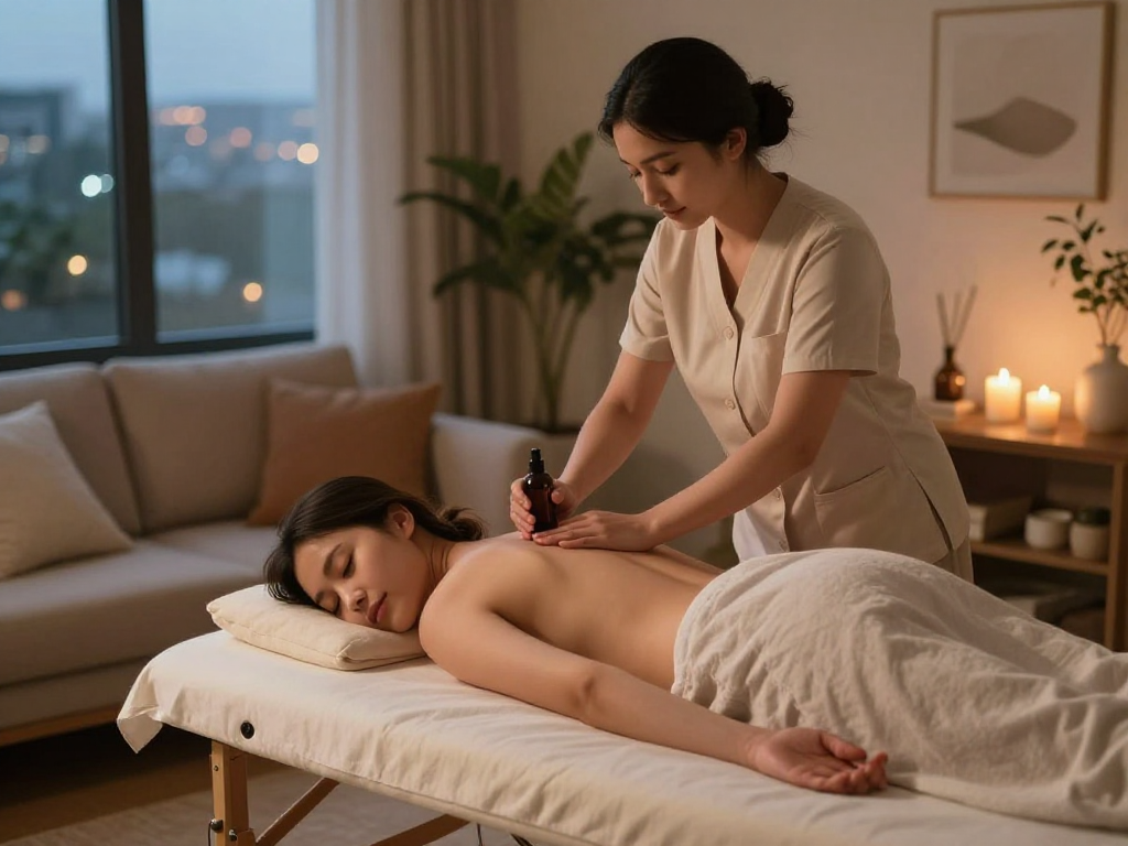 Relaxing 일산출장마사지 session at home with professional therapist providing soothing care.
