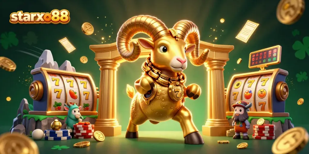 Experience thrilling gameplay at starxo88 with a dynamic golden ram amidst vibrant slot reels.