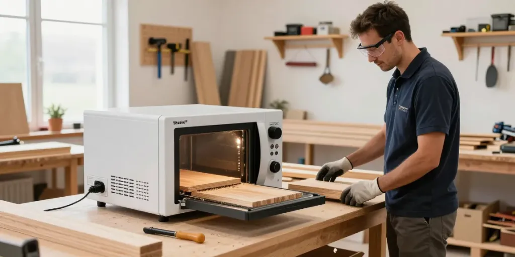 Technician using SHASHEL® microwave equipment in a woodworking shop to eliminate wood-boring insects.