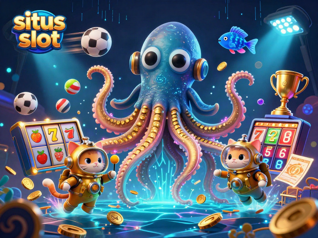 Spin and win with situs slot featuring a kraken and a diving cat in a vibrant, action-packed scene