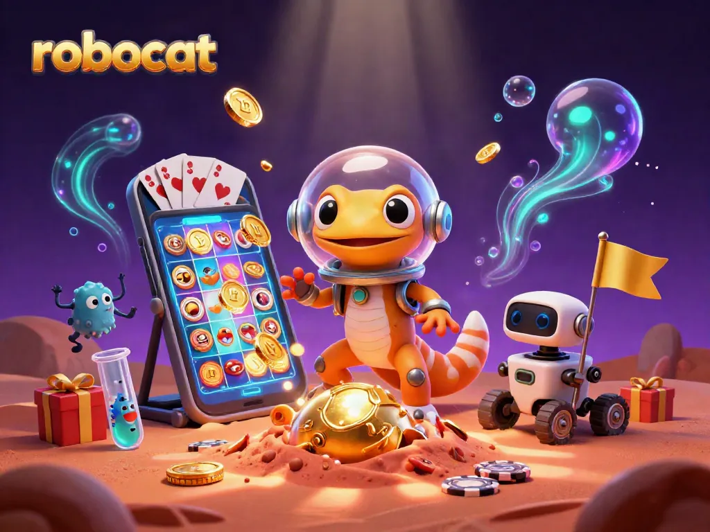 Engage in thrilling gameplay at Robocat Casino, as an alien gecko uncovers the hidden treasures of this cosmic gambling hub.