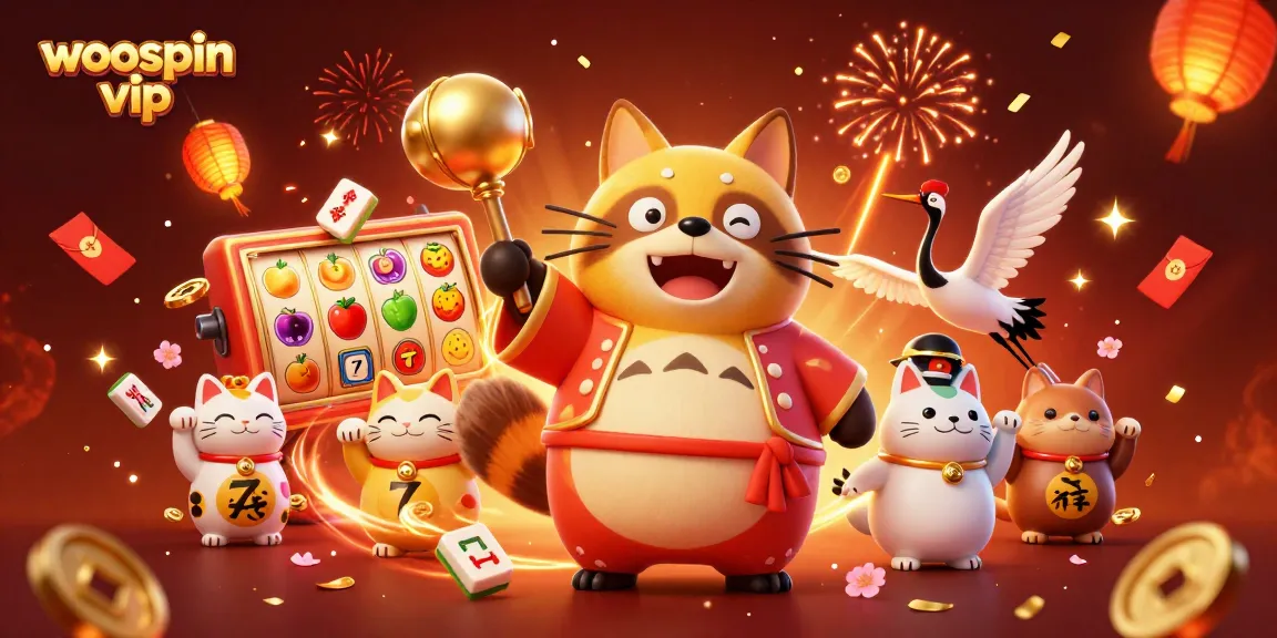 Experience thrilling gameplay with woospin vip as fortune cats and festive symbolism celebrate winnings.