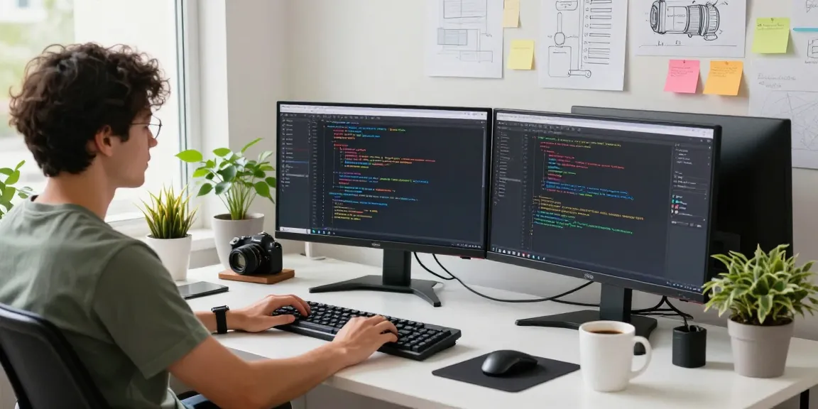 Screenshot download setup in a bright workspace with code displayed on monitors