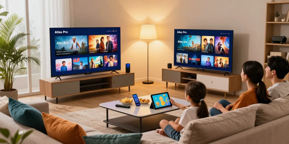 Une famille profitant du service Atlas Pro IPTV dans un salon confortable, mettant en avant la technologie moderne de divertissement.