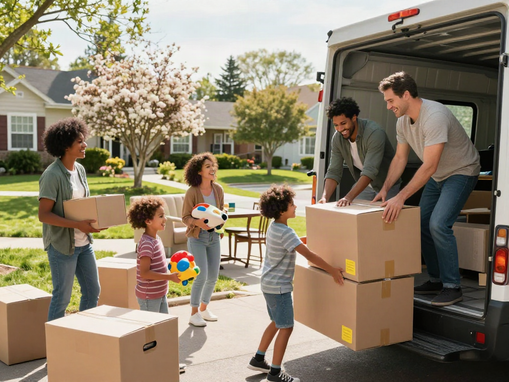 Moving company family packing their truck with boxes and furniture in a cheerful suburban setting.