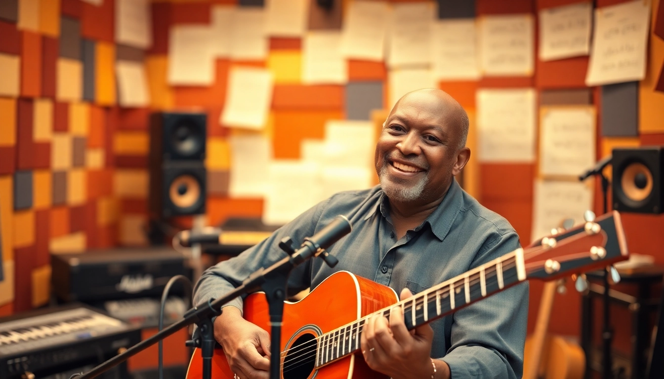 Leroy Silver passionately performing in a vibrant music studio filled with instruments.
