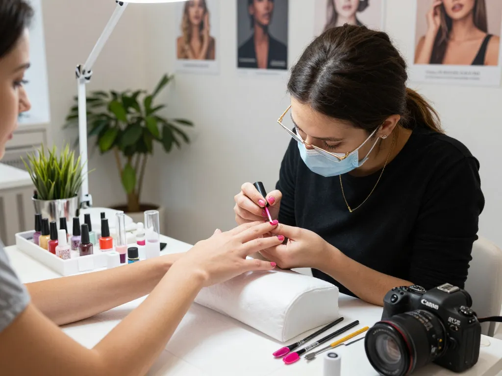 Client receiving nail service with vibrant nails in a hygienic beauty salon setting