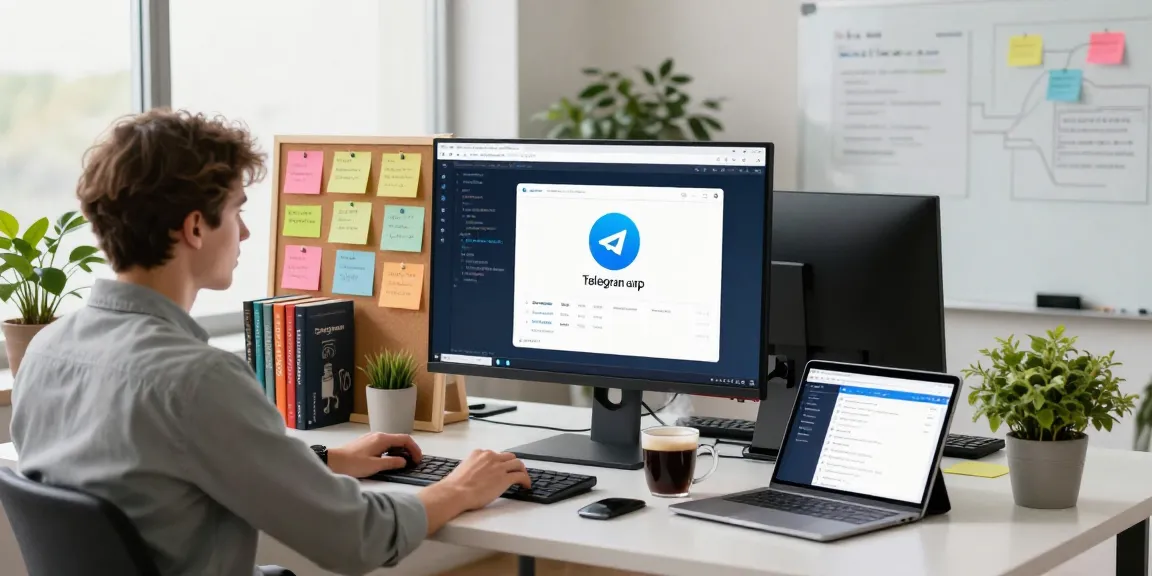 Innovative developer workspace highlighting telegram chinese version apk on screen amidst coding resources and productivity elements.
