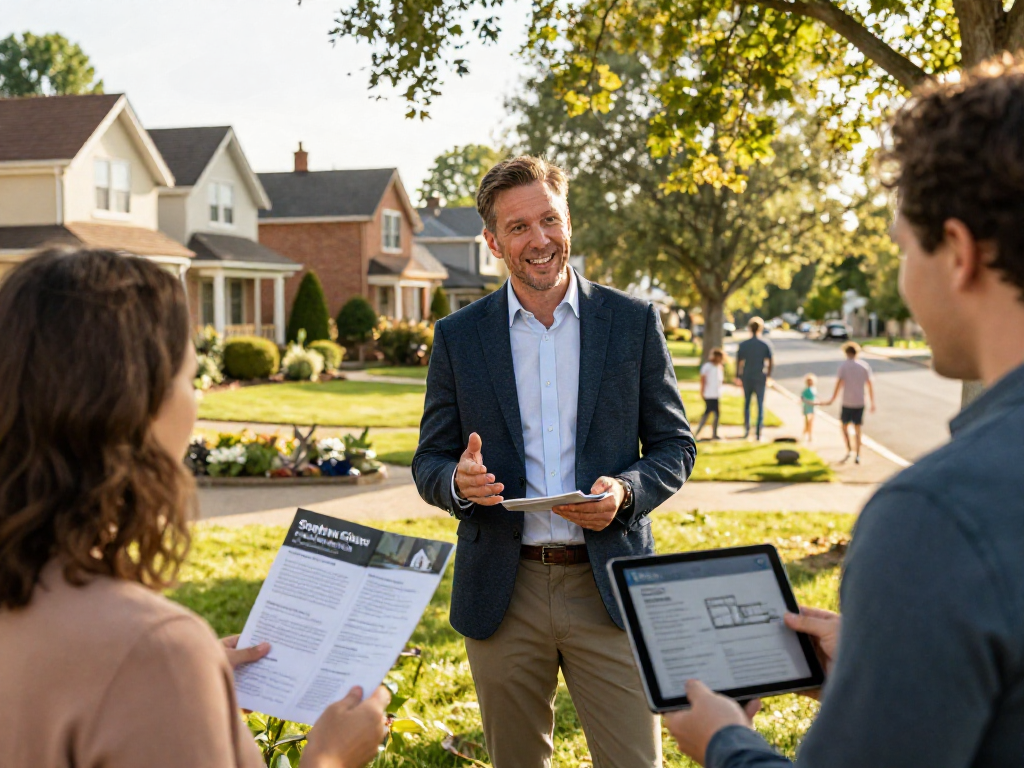 Stephen Gleave Ancaster real estate agent engaging with potential buyers in serene neighborhood setting.