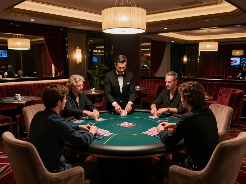Players enjoying a thrilling poker game at 98win VIP gaming table in luxurious casino.