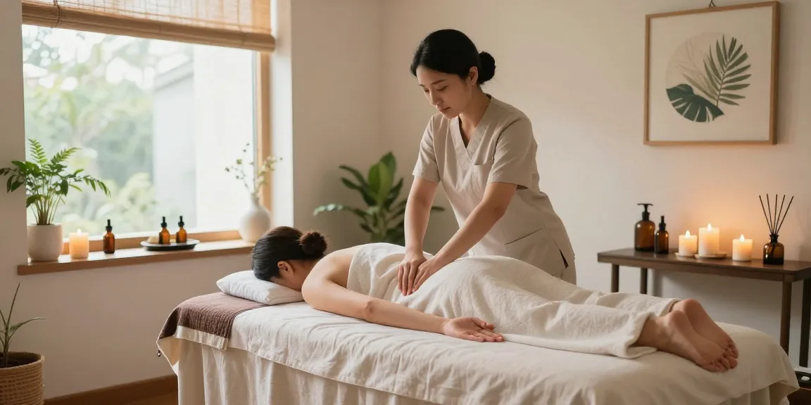 스웨디시 마사지 치료 중인 고객과 친절한 관리사의 편안한 스파 풍경
