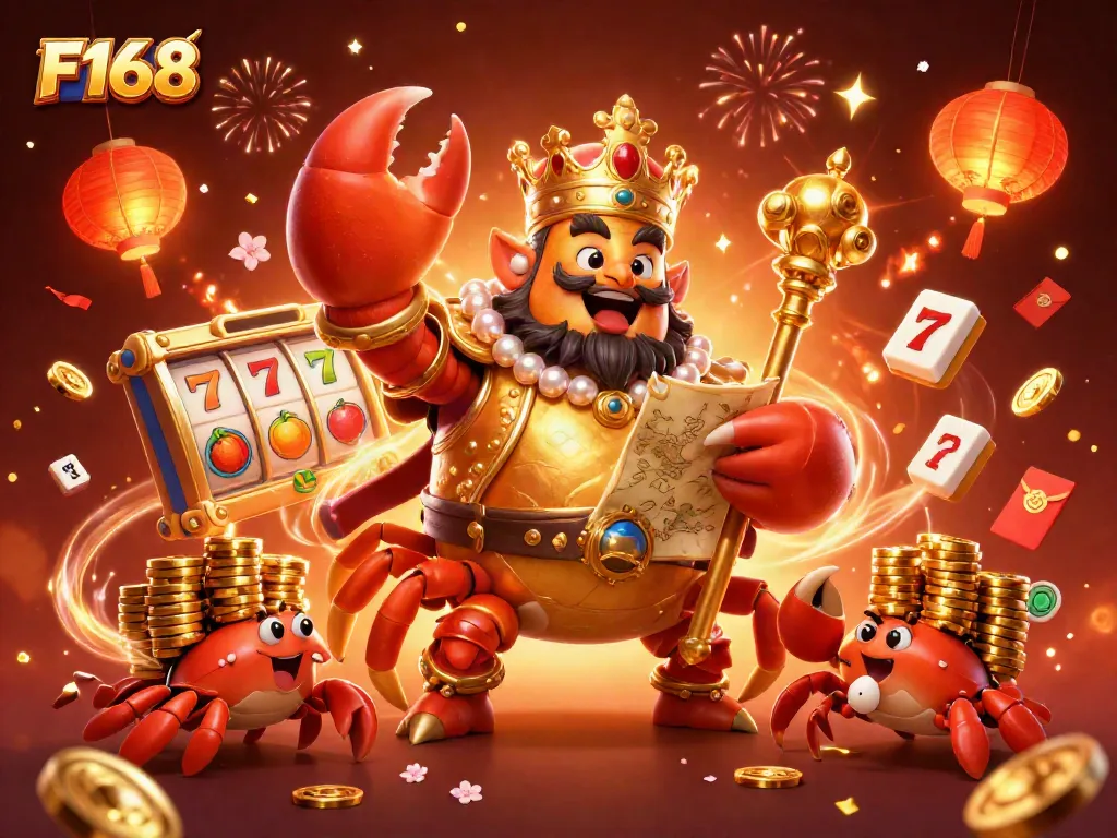 Win big at F168 with an impressive 3D illustration of a golden crab emperor amidst slots and celebrations.