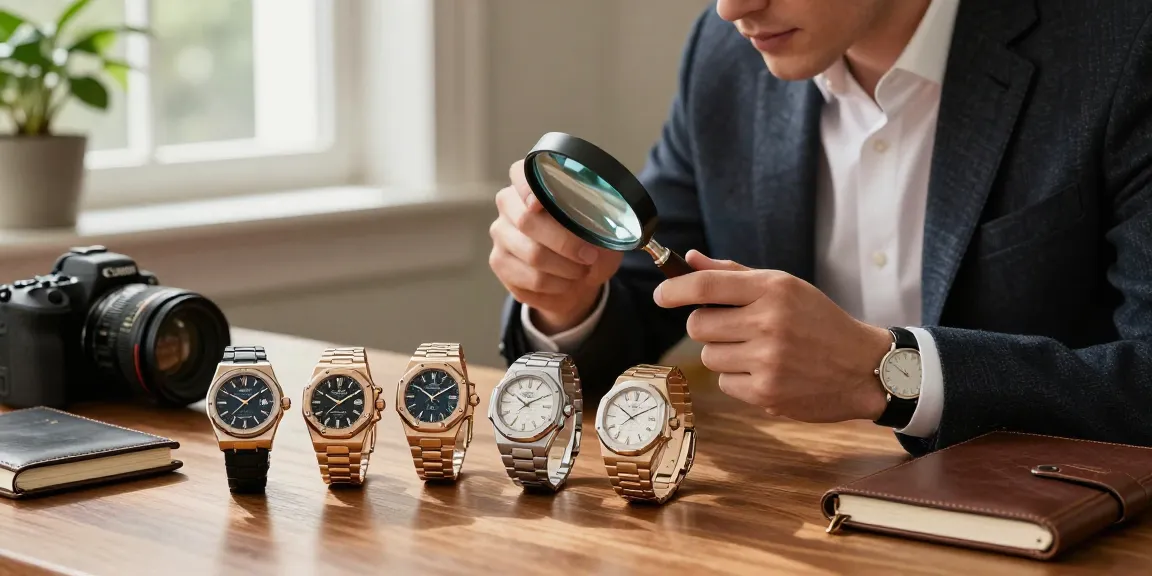 Person examining super clone watches on a stylish table, showcasing luxury styles and craftsmanship.
