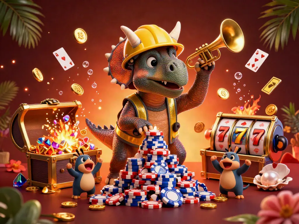 api88 celebrates with a triceratops and parasaurolophus amidst colorful casino elements.