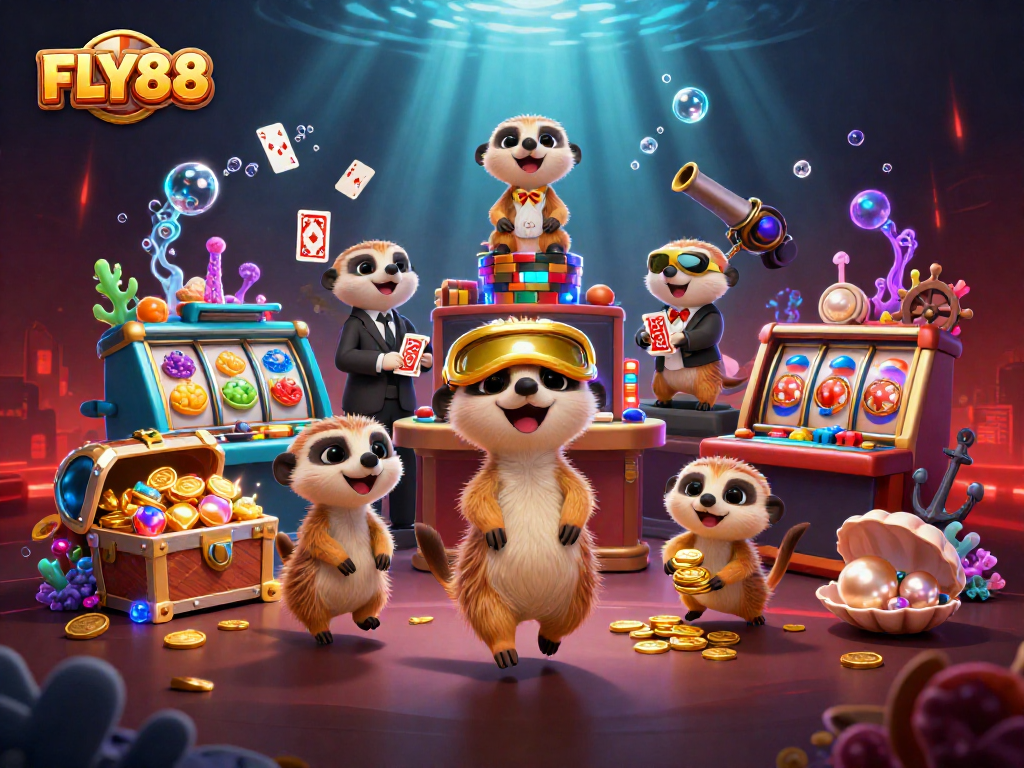 FLY88 meerkats casino scene with vibrant slots, lively gameplay, and engaging atmosphere.