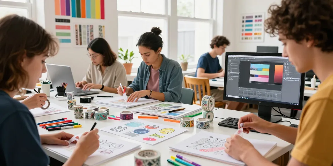 Designing custom washi tape in a vibrant artist workspace filled with sketches and colors.