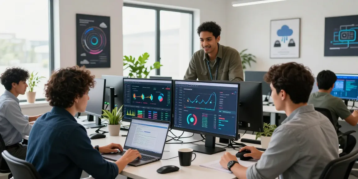 Web hosting Mexico professionals collaborating on cloud services in a modern workspace.