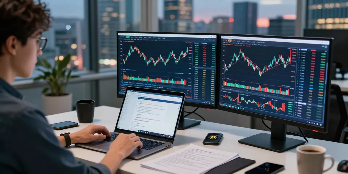 Analyze cryptocurrency trends on OKX in a modern office setting, focusing on market data and trading strategies.
