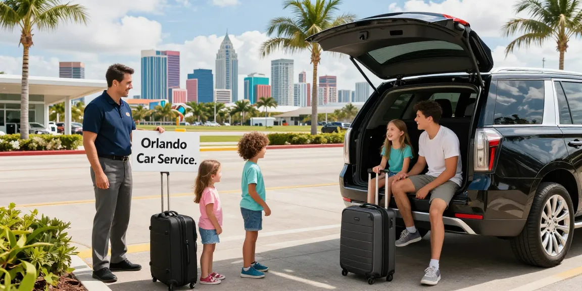 Family arriving at Orlando International Airport, greeted by Orlando Car Service chauffeur and luxury SUV.