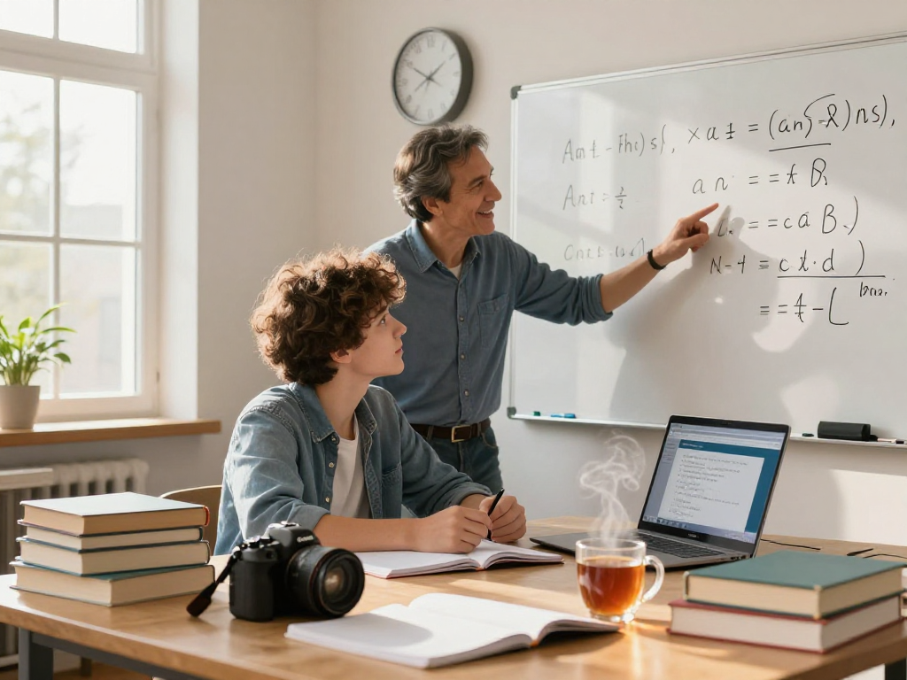 Maths tutors guiding students in a cozy study room, surrounded by books and supportive tools.
