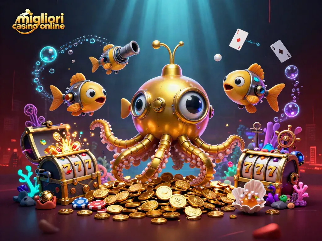 Gioca nei migliori casino online con un avvincente kraken d'oro e simboli di slot.