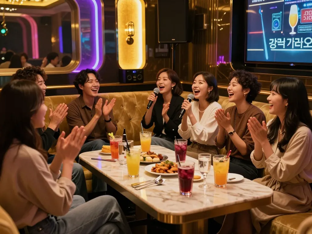 Experience vibrant nightlife at 강남가라오케 with friends in a luxurious karaoke lounge.
