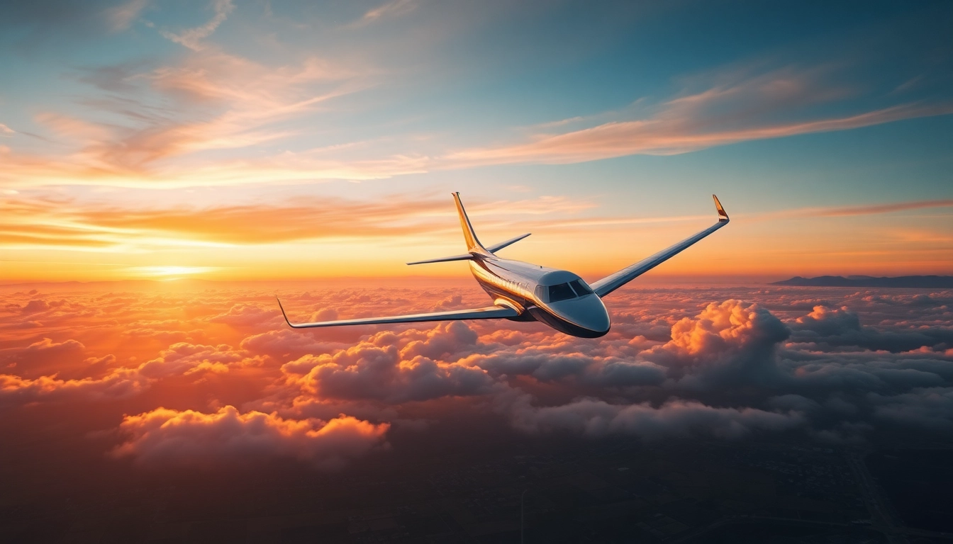 Modern jet flying over vibrant sunset landscape, reflecting aviation industry spirit linked to https://rr9935.com/.