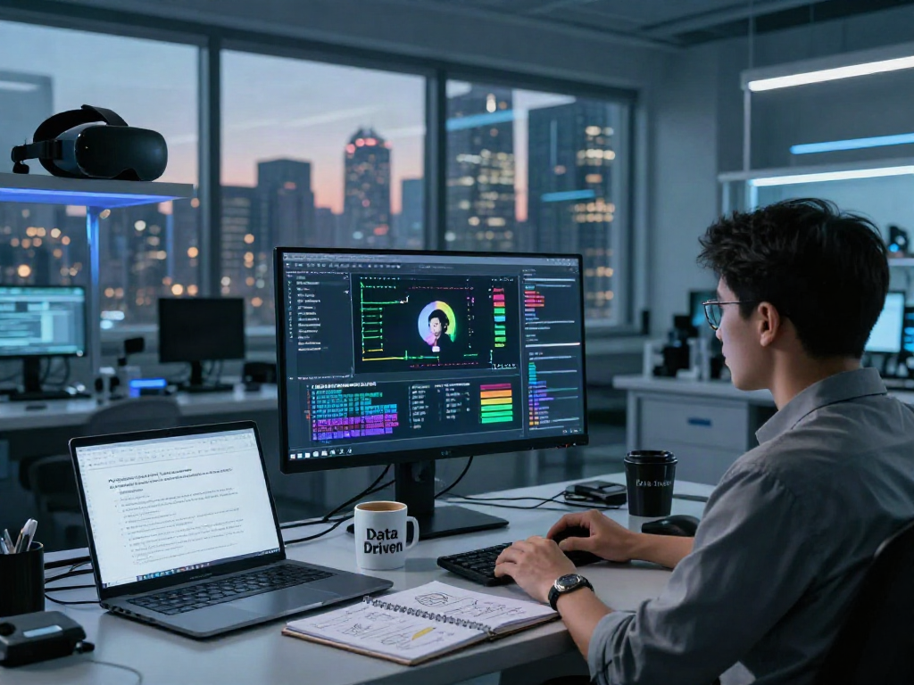 AI-Generated Image Detection in a futuristic lab environment with a data analyst reviewing synthetic media.