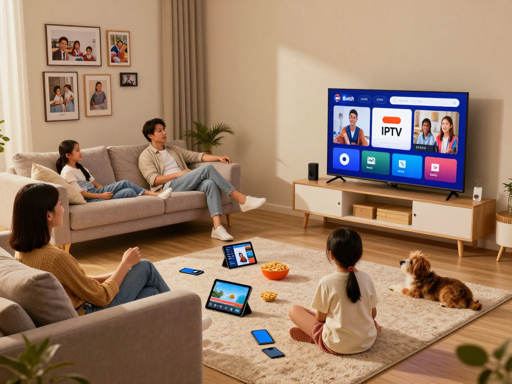 Gezellige woonkamer met gezin dat geniet van IPTV abonnementen op een groot scherm.