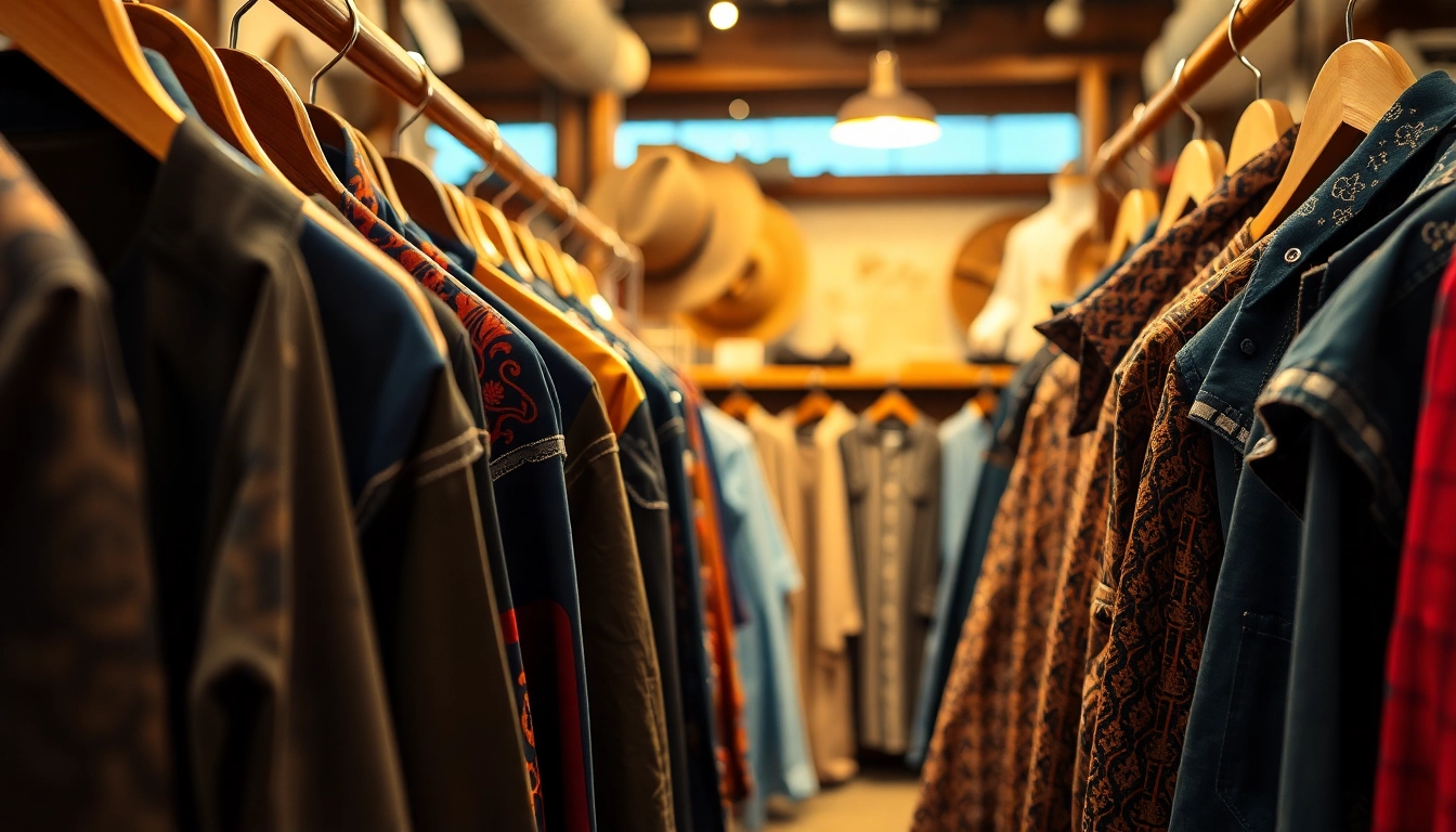 Showcase of unique cowboy shirts Canada with vibrant colors in a rustic setting.