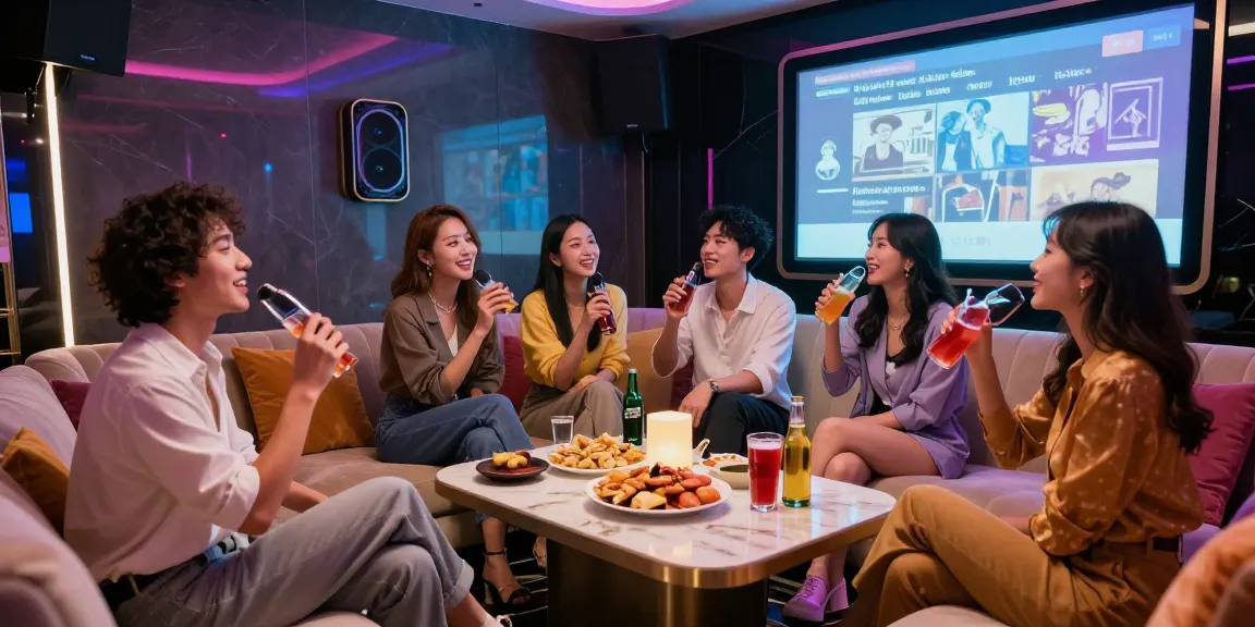 강남가라오케에서 스타일리시한 친구들이 분위기를 즐기는 고급스러운 노래방 모습