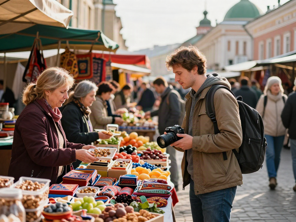 Pengunjung di https://payinrussia.com/ menjelajahi pasar Rusia, berinteraksi dengan penjual lokal sambil menjelajahi produk kerajinan tangan.