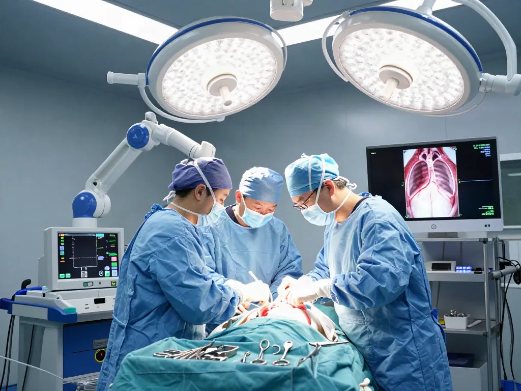 Thoracic surgery specialists performing a minimally invasive procedure in a modern surgical theater.