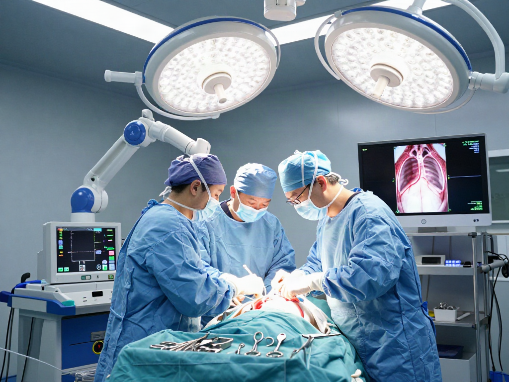 Thoracic surgery specialists performing a minimally invasive procedure in a modern surgical theater.