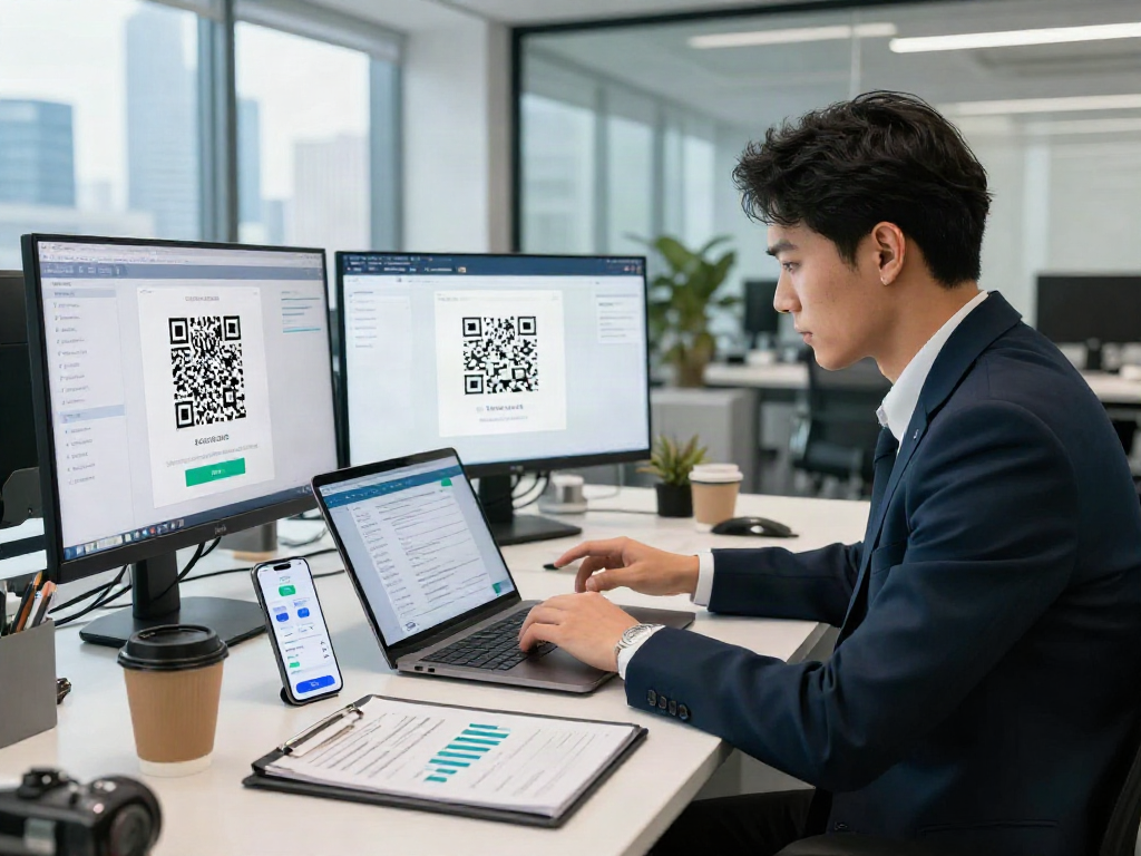 Professional analyzing slot qris payment solutions in a modern office.