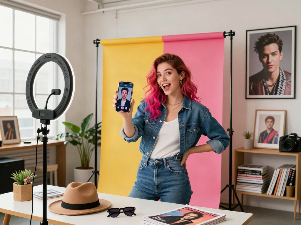 Youthful woman using a celebrity look-alike app at a vibrant photography studio.