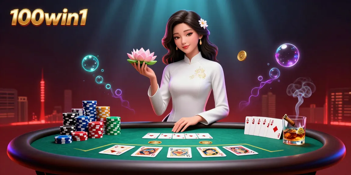 Play poker and win big with 100win1 while experiencing an elegant Asian-themed casino illustration.