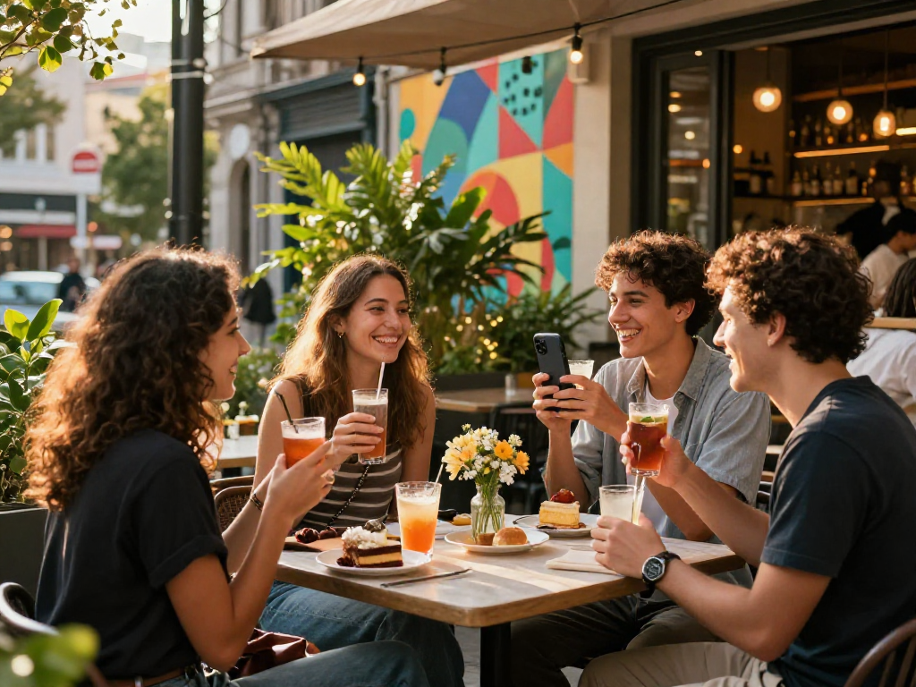 Motchill urban lifestyle scene with friends enjoying gourmet desserts and drinks at a cafe