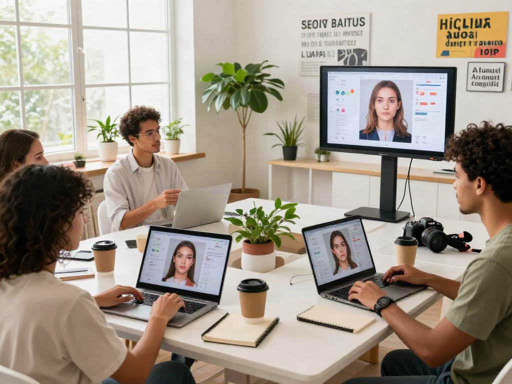An interactive attractiveness test scene with diverse individuals uploading photos for facial analysis, showcasing modern beauty technology in a vibrant setting.