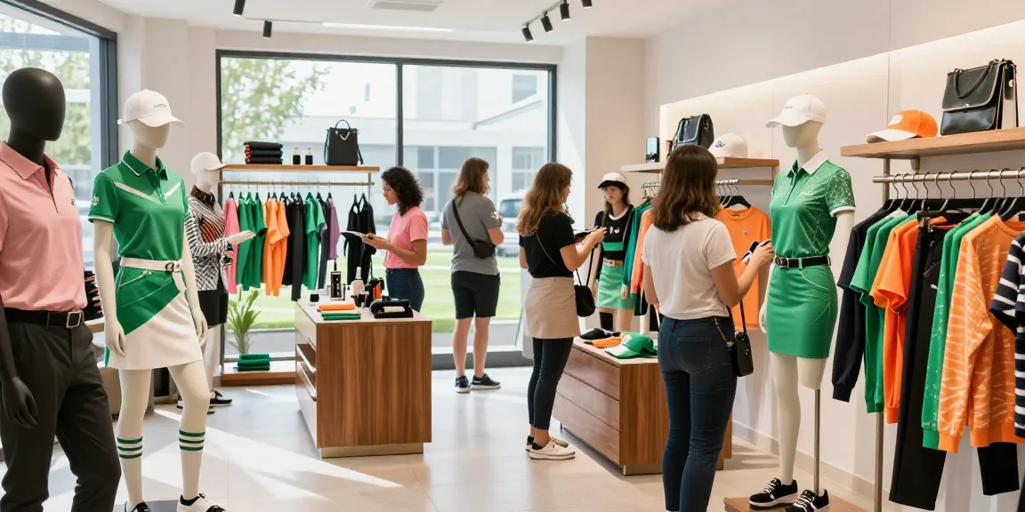 Stylish model showcasing 골프웨어 레플리카 in a vibrant retail environment with modern displays and shoppers.