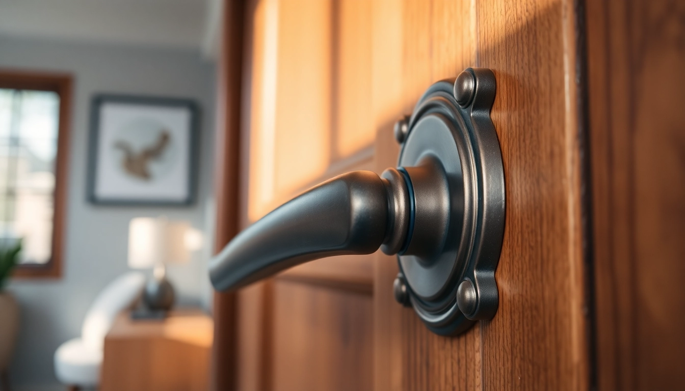 Stylish door handle accentuating a wooden door's elegance in a well-lit interior.